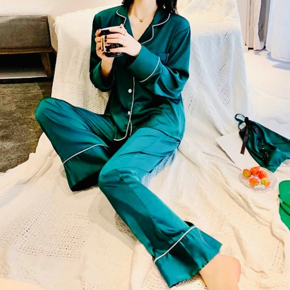 New! Green Silky Satin Pajama Set